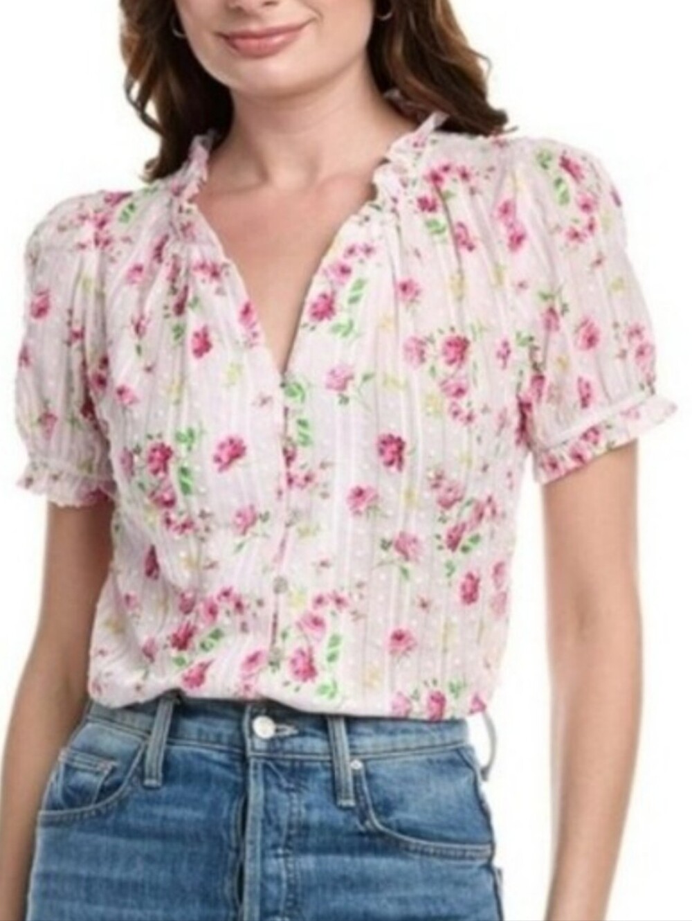 Nanette By Nanette Lepore 100% Cotton Pink Button Up Floral Blouse, M